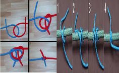 four pictures showing how to make a knot with yarn and scissors on the same string