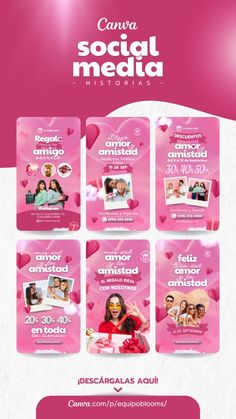 a pink social media ad with hearts on the front and back cover, in spanish