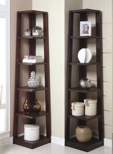 two tall wooden shelves sitting next to each other