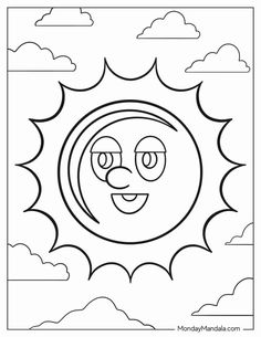 the sun with eyes and clouds in the sky coloring pages for kids to print out