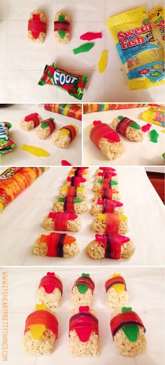 sushi rolls made out of rice and candy