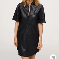 Nwt Mango Black Faux-Leather Shirt Dress. Size Xxs/0 Brand New. No Longer In Stock On Mango Website! Make Me An Offer! Link For More Info: Https://Shop.Mango.Com/Us/Women/Dresses-And-Jumpsuits-Short/Faux-Leather-Shirt-Dress_17045914.Html?C=99&Utm_source=Etiqueta&Utm_medium=Qr&Utm_content=M&Utm_campaign=Mango-Qr Leather Shirt Dress, Mango Dresses, Mango Dress, Short Design, Girl Inspiration, Leather Shirt, Designer Shorts, Short Jumpsuit, Buy Dress