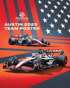 two racing cars on a red and black background with the american flag in the background