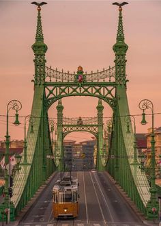 a train traveling across a green bridge over water