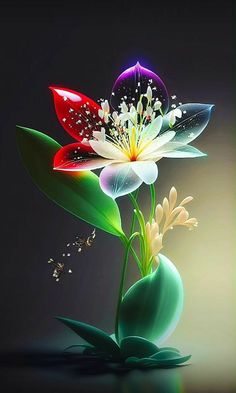 a painting of a flower in a vase with water droplets on it's petals