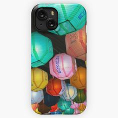 many colorful paper lanterns are hanging from the ceiling in this photo iphone case / skin