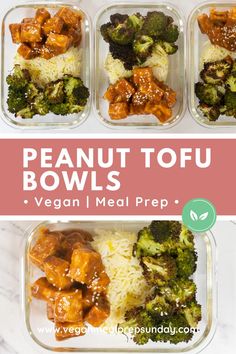 four plastic containers filled with different types of food and the words, peanut tofu bowls vegan meal prep