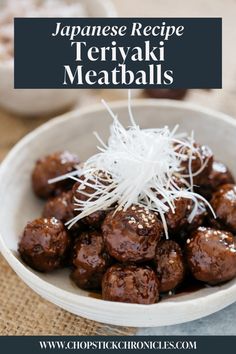 a bowl filled with meatballs and sprouts