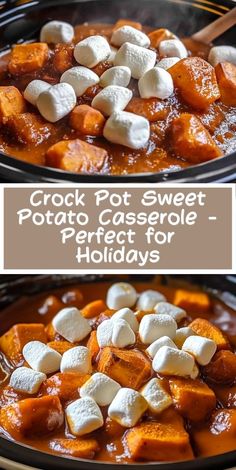 crock pot sweet potato casserole with marshmallows in the slow cooker