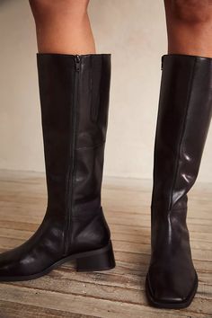 Vagabond Blanca Tall Boots | Free People Square Toe Flat Knee High Boots, Slouchy Knee High Boots, Knee Length Black Boots, Knee High Square Toe Boots, Black Square Boots, Mid Rise Boots Outfit, Square Toe Tall Boots, Sophisticated Alternative Fashion, Black Flat Leather Boots