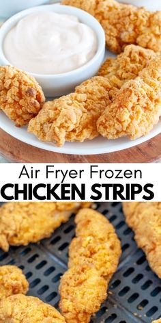 air fryer frozen chicken strips with ranch dip in the middle and fried chicken strips on the side