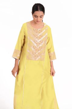 Pastel yellow kurta with embroidered banarasi jacquard tissue yoke. Paired with a slub silk pant and chanderi dupatta with scalloped tissue detailing. - Aza Fashions Yellow Bollywood Style Kurta With Self Design, Elegant Yellow Kurta For Navratri, Yellow Cotton Silk Sets With Self Design, Yellow Long-sleeved Raw Silk Salwar Kameez, Yellow Cotton Silk Salwar Kameez With Long Sleeves, Elegant Yellow Kurta With Gota Work, Yellow Straight Kurta With Self Design, Yellow Self Design Straight Kurta, Yellow Self Design Kurta For Festivals