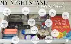 an organized drawer with many items labeled in the words, my nightstand essentials