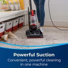 a woman using a vacuum to clean the floor in her living room with text reading powerful suction convenient, powerful cleaning in one machine