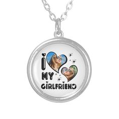 i love my girlfriend necklace with two pictures on the front and one in the middle