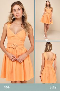 Everyone will be asking for your number when you walk by looking stunning in the Lulus Sunny Attraction Light Orange Linen Bustier Belted Mini Dress! Crisp, linen-bend fabric shapes this ultra-flirty dress that has wide straps and a bustier-style bodice with layered cups and paneled seaming. Fitted waist boasts a removable belt with a circular buckle, atop a flaring skirt that ends at a mini hem. Smocked panel and hidden zipper/clasp at back. Fit: This garment fits true to size. Length: Mid-thig Fitted Belted Mini Dress For Summer, Summer Fitted Mini Dress With Belt, Linen Dresses With Sweetheart Neckline For Spring, Spring Linen Dress With Sweetheart Neckline, Linen Bustier, Linen Mini Dress, Flirty Dresses, Walking By, Light Orange