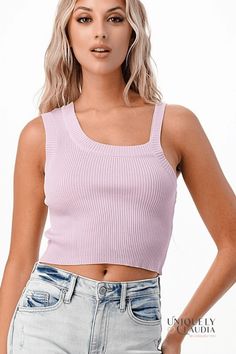 Our Sarah Sleeveless Crop Tank Top is perfect basic with a stylish twist! This all-season not your typical ribbed top is one-size (fits small - large) and it has a regular and an uneven strap, cute and sexy. It is 65% Cotton, and 35% Polyester with tons of stretch, and it comes in two beautiful colors: Lavender and Sky. Trendy Ribbed Scoop Neck Tank Top, Solid Color Tank Top For Day Out, Chic Ribbed Crop Top Tank, Spring Solid Ribbed Tank Top, Trendy Tank Top With Scoop Neck, Trendy Solid Color Scoop Neck Tank Top, Trendy Solid Color Tank Top With Scoop Neck, Chic Ribbed Crop Top With Tank Straps, Trendy Ribbed Tank Top