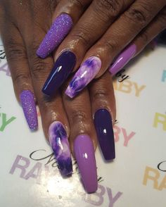 Purple Almond Acrylic Nails, Beach Themed Nails, Purple Nail Art Designs, Purple Ombre Nails, Purple Glitter Nails, Purple Nail Art, Purple Acrylic Nails, Purple Nail Designs