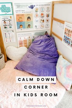 Child's calming corner with soft pillow, emotions posters, and a pink rug. The text over the image reads, "calm down corner in kids room". Preschool Calm Down Corner, Calm Down Corner Preschool, School Counselor Room, Preschooler Bedroom, Calming Room Ideas, Bedroom Calm, Calming Corner Posters, Young Toddler Activities, Corner Bedroom