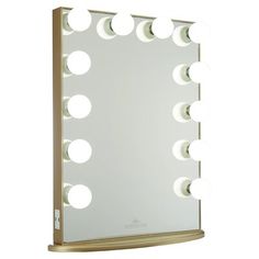 a white lighted mirror with multiple circles on it