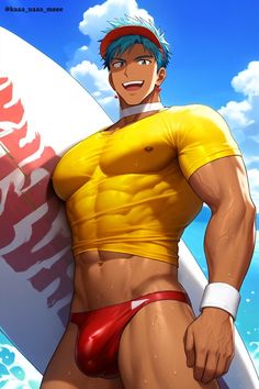 an anime character holding a surfboard in his right hand