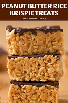 peanut butter rice krispie treats stacked on top of each other with text overlay