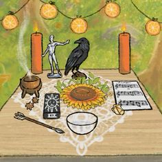 a drawing of a table topped with food and candles next to an illustration of a crow