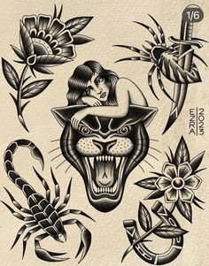 an old school tattoo design featuring a tiger and two scorpions, one with a woman's face on it