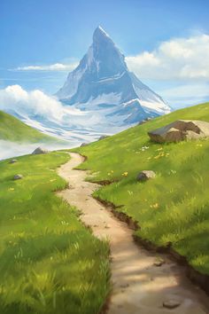 a painting of a path leading to the top of a mountain with grass and rocks