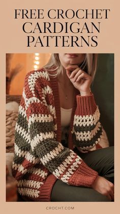 a woman sitting on top of a couch wearing a knitted sweater