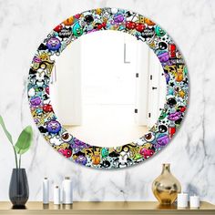 there is a mirror that has many cartoon characters on it in front of a wall