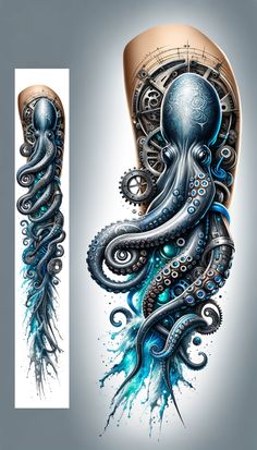 an octopus tattoo design on the side of a woman's leg with blue ink