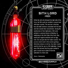 the back side of a red light bulb with an information card on it that says, sith lord