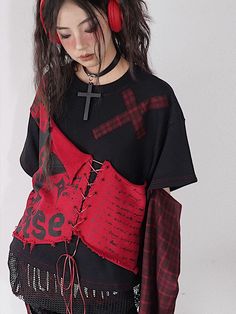 Black Punks, S M, Layered Design, Lace Shirt, Layers Design, Printed Sweatshirts, Plaid Pattern, Red And Black, Letter Prints