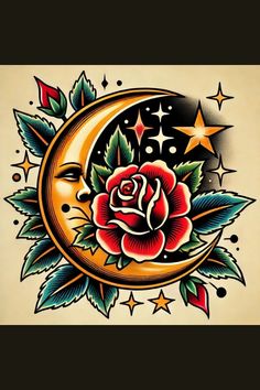 an old school tattoo design with a rose on the moon and stars in the background