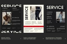 the front and back pages of a service brochure, with images of people in business attire