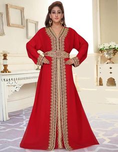 ❤Inshallah❤️ Wedding moroccan Style caftan 👗 Order Online latest Embroidered Kaftan which are made up from best quality fabrics with latest styles from our large collections at https://bit.ly/3eafqPe Shop Now : https://bit.ly/35B8uJq Buy online @ $110.95 #indiankaftandresses #designerkaftans #dubaikaftans #formalkaftan #kaftandubai #arabicattire #caftan Luxury Traditional Red Kaftan, Embroidered Hijab, Embroidery Kaftan, Crystals Decor, Utsav Fashion, Moroccan Caftan, Islamic Clothing, Georgette Fabric, Crystal Decor