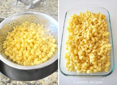 two pictures side by side showing macaroni and cheese being cooked in a colander