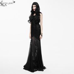 A stunning, glamorous floor-length gothic dress that belongs in a film noir!The skirt features floral embroidery whereas the bodice is embossed with a gothic paisley pattern.Feathered lace is sewn on the shoulders also. Product Specifications:Style: GothicFabric: 95% Cotton, 5% Spandex Gothic Gown For Halloween Party, Gothic Halloween Party Gown, Gothic Ball Gown For Halloween, Gothic Black Gown For Halloween, Gothic Black Fitted Evening Dress, Gothic Evening Ball Gown, Fitted Gothic Black Evening Dress, Fitted Black Gothic Evening Dress, Gothic Floor-length Evening Dress