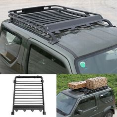 a black jeep with luggage on the roof rack and an image of a vehicle in front