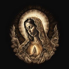 an image of the virgin mary in gold and white on a black background with leaves