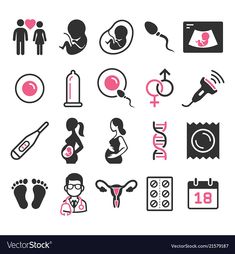 a set of icons for pregnant women and babys in black and pink colors on a white background