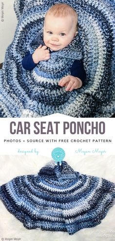 a baby wrapped in a blue and white crochet blanket with the words car seat poncho on it