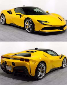 two photographs of a yellow sports car