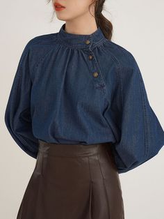 SkuCY-!154765MaterialPolyester , Denim , <50%Cotton StyleLoose , Puff Sleeves FeaturePleated , Asymmetric , Split-joint NecklineHigh Neck OccasionCasual , Office , Urban , Vintage SeasonsSpring , Summer , Autumn TypeBlouses&shirts Tops ColorDEEP BLUESizeS,M,L Please consult the size chart we provide for this item's measurements to help you decide which size to buy.Please note: There may be 1-3cm differ due to manual measurement.CMINCHBustSleeveLengthS1046962M1087063L1127164 High Neck Blouses, Asymmetrical Blouse, High Neck Blouse, Tailored Trousers, High Neckline, Puff Sleeves, Design Features, Puff Sleeve, Shirts Tops