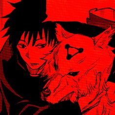 two anime characters hugging each other in front of a red background with an image of a wolf