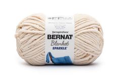 bernat sparkle yarn ball in white with blue and brown stripes on the bottom,