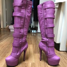 6.5 Inch Purple Knee-High Heel Boots! Super Sturdy! $300 Or Best Offer! Can Send With Boot Inserts (See Pic). Size 10. Fitted Platform Boots With Ankle Strap, Fitted Ankle Strap Platform Boots, Purple Leather Platform Boots, Purple Platform Party Boots, Purple Heels With Reinforced Heel And Round Toe, Purple Platform Boots For Party, Purple Leather Platform Boots With Round Toe, Purple Leather Round Toe Platform Boots, Purple Round Toe Heels With Reinforced Heel