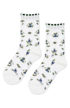 Delicate flowers and laced cuffs embellish these sheer crew socks that add a sweet detail to any ensemble. Nylon Hand wash, dry flat Made in Japan Summer Lace Trim Fitted Socks, Fitted Lace Trim Socks For Summer, Summer White Socks With Lace Trim, White Lace Trim Socks For Summer, Delicate Flowers, Fabric Gift Bags, Delicate Flower, Basel, Nordstrom Store