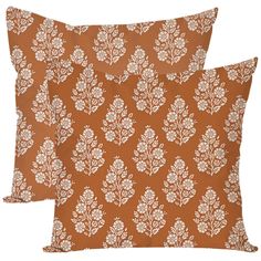 two brown and white pillows with floral designs on them, one is made out of cotton